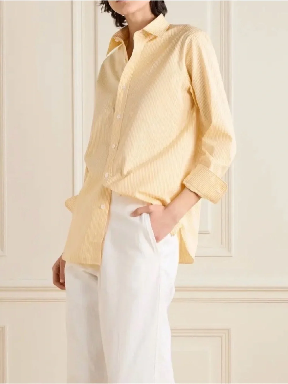 Charvet Cropped Light Yellow Pinstripe Casual Button-Down Shirt - Picture 1 of 9